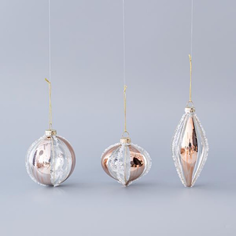 GLASS ORNAMENT, TRANSPARENT, WITH CHAMPAGNE DESIGNS AND SILVER GLITTER, 3 SHAPES, SET 4PCS, 8 AND 13cm 600-45083