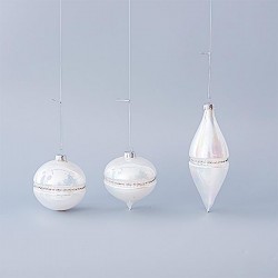 GLASS ORNAMENT, PEARL WHITE, WITH GLITTER LINE, 3 SHAPES, SET 4PCS, 8 AND 13cm 600-45090