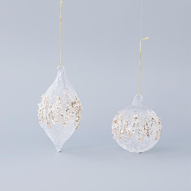 GLASS ORNAMENT, TRANSPARENT, WITH CHAMPAGNE GLITTER, BEADS AND SEQUINS, 2 SHAPES, SET 4PCS, 8 AND 13cm 600-45092
