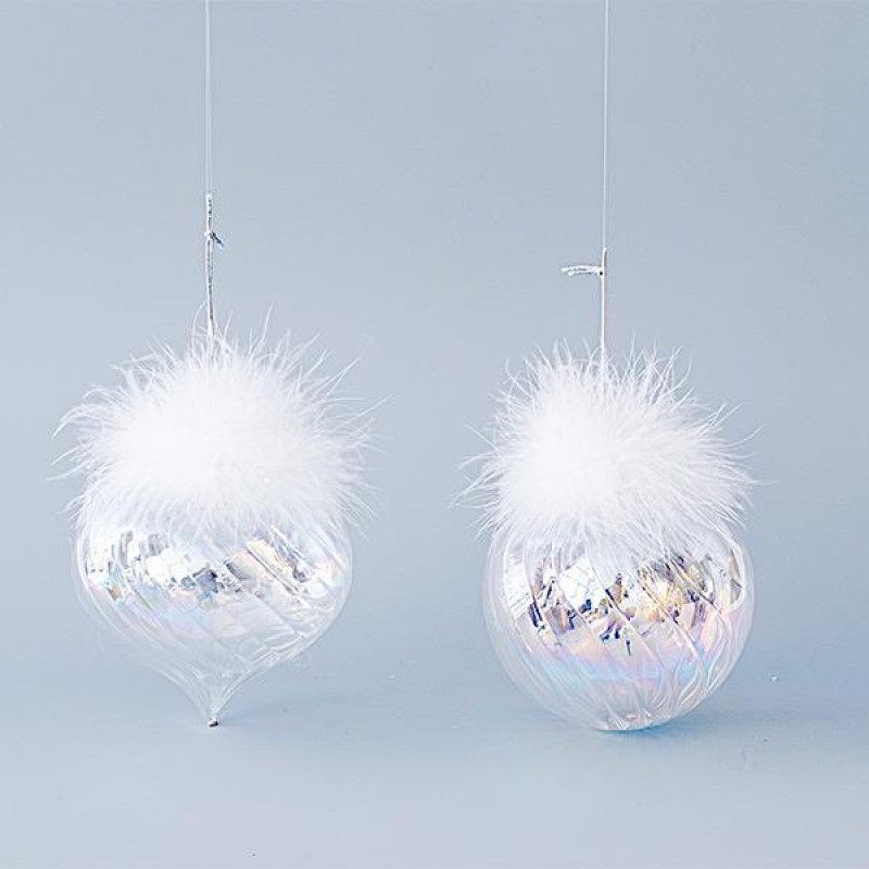 GLASS ORNAMENT, IRIDESCENT TRANSPARENT, WITH FEATHERS, 2 SHAPES, SET 4PCS, 10cm 600-45094