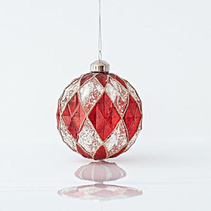 RAISED GLASS BALL, RED AND SILVER, WITH GLITTER, SET 4PCS, 10cm 600-45101