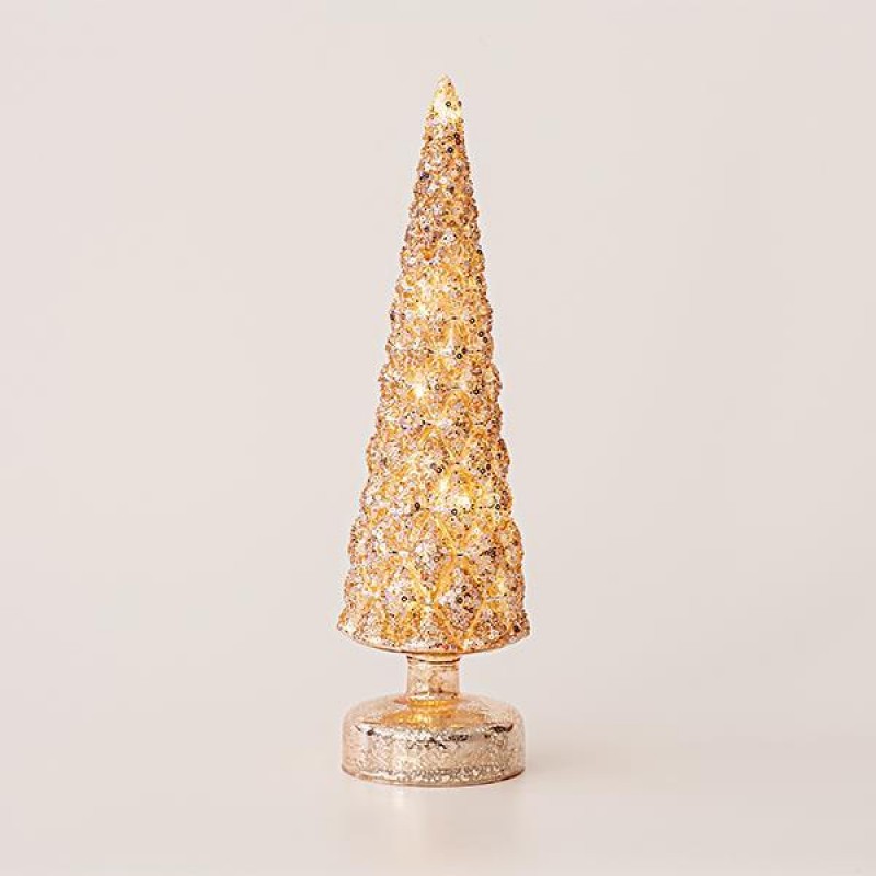 GLASS LIGHTED TREE, CHAMPAGNE, BATTERY OPERATED, WITH GLITTER, 9x34cm 600-45147
