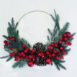 WREATH, WITH SILVER HOOP, FLOWER, WITH PINE CONE AND BERRY, 50cm 600-45346