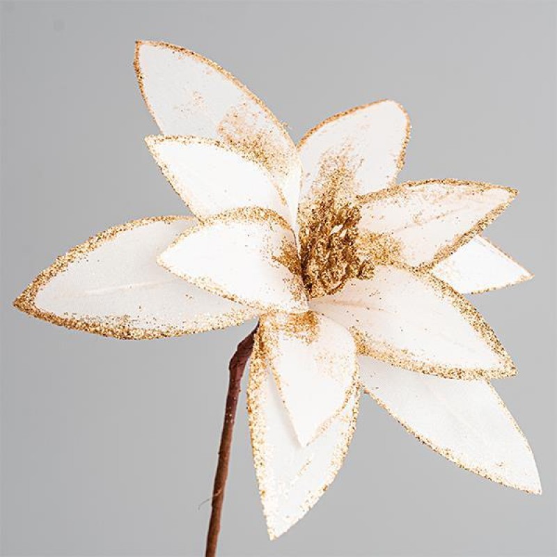 FLOWER WHITE, WITH GOLD, GLITTER, WITH LONG LEAFSTALK 72cm, 23cm 600-45390