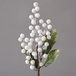 BRANCH WITH WHITE DECORATIVES AND GREEN LEAVES, 35cm 600-45416