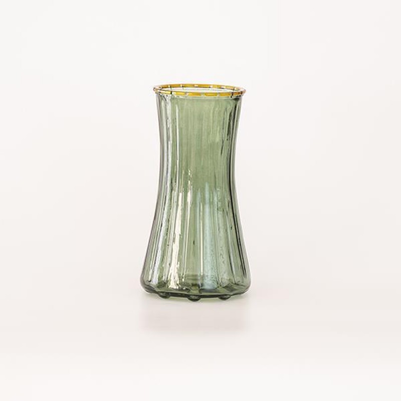 GLASS VASE, WITH RAISED LINES, GREEN, 10,3x12,4x24cm 600-45484