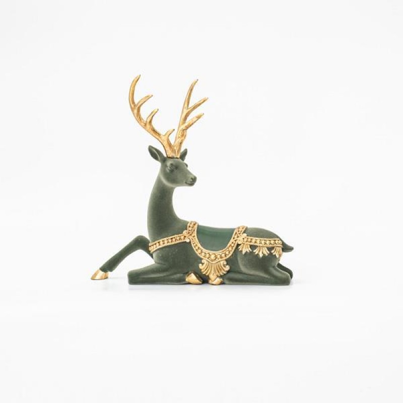 SITTING REINDEER, OLIVE GREEN, VELVET, WITH GOLD HORNS, 26cm 600-45512