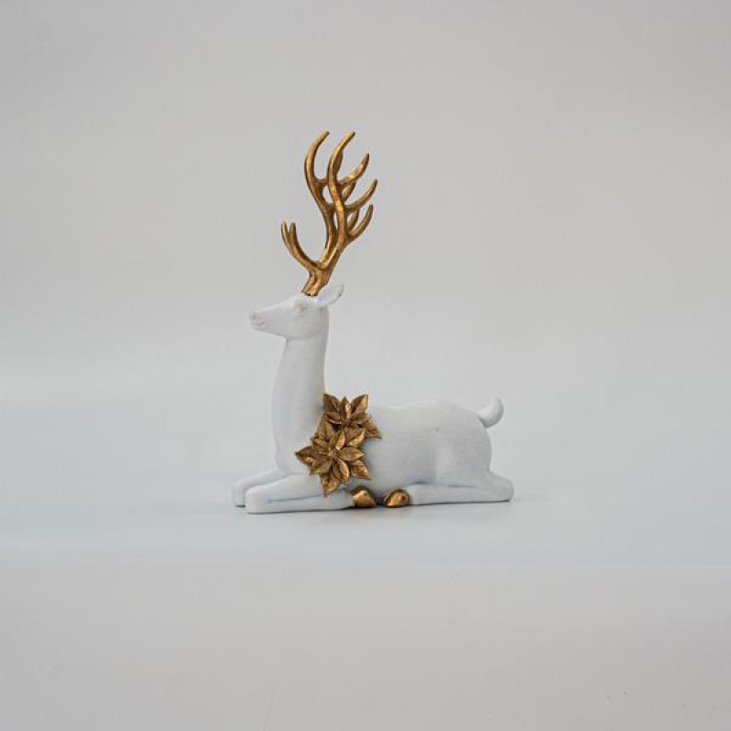 SITTING REINDEER, WHITE, VELVET, WITH GOLD FLOWERS, 27cm 600-45524