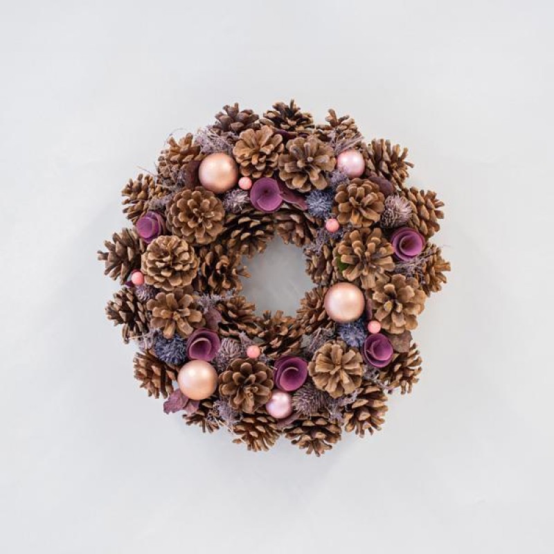 WREATH, WITH PINE CONES AND PINK DECORATIVES, 34cm 600-45530