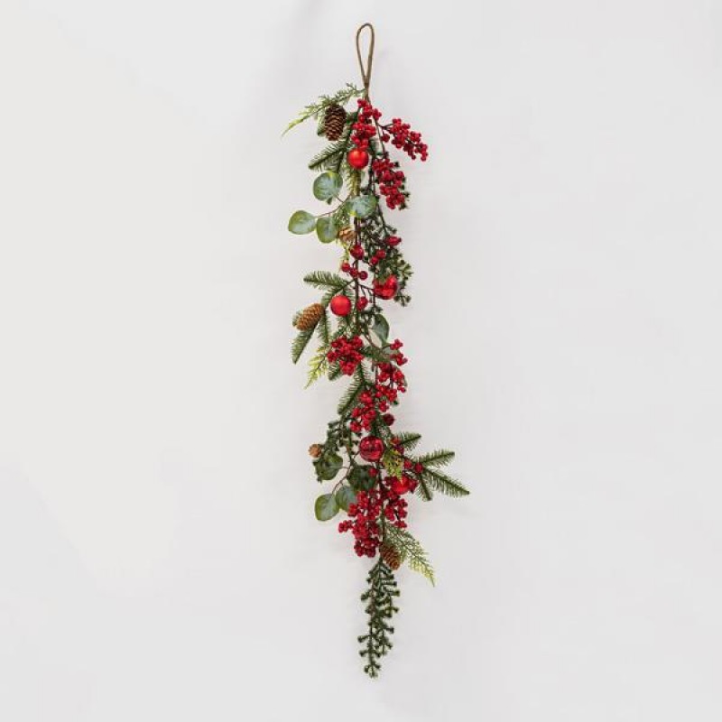 BRANCH, WITH RED BERRIES AND RED DECORATIVES, 120cm 600-45538