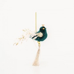VELVET HANGING BIRDIE, DARK GREEN, 13x14cm 600-45568