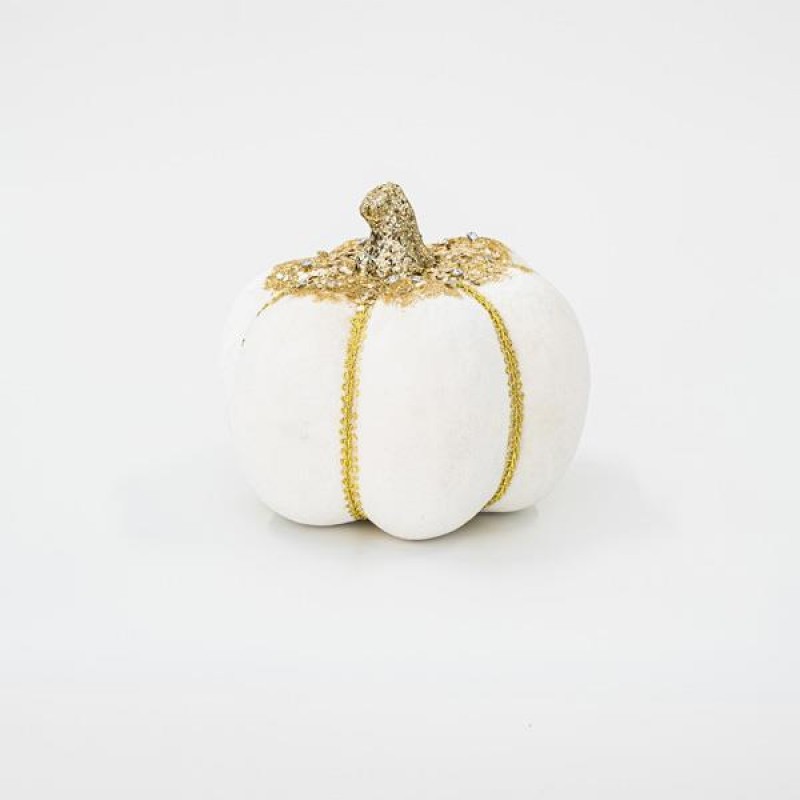 VELVET PUMPKIN, WHITE, WITH GOLD GLITTER, 15cm 600-45582