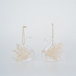 ACRYLIC SWAN, TRANSPARENT, WITH LIGHT GOLD GLITTER, 2 DESIGNS, 9x10cm, PRICE PER PIECE 600-45605