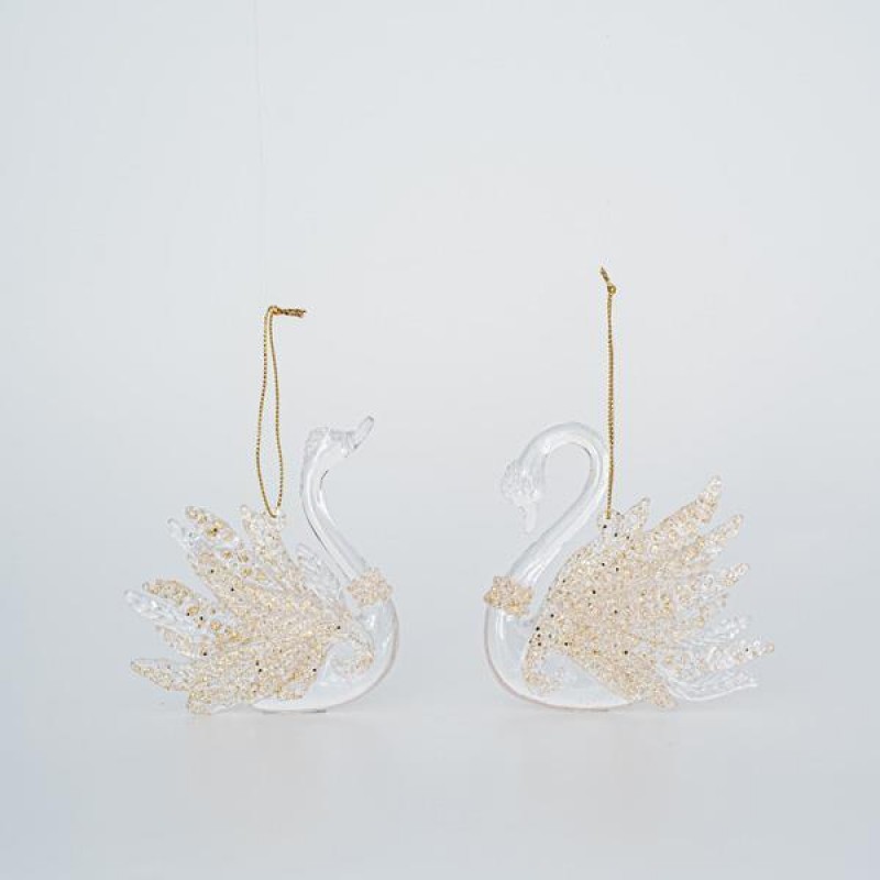 ACRYLIC SWAN, TRANSPARENT, WITH LIGHT GOLD GLITTER, 2 DESIGNS, 9x10cm, PRICE PER PIECE 600-45605
