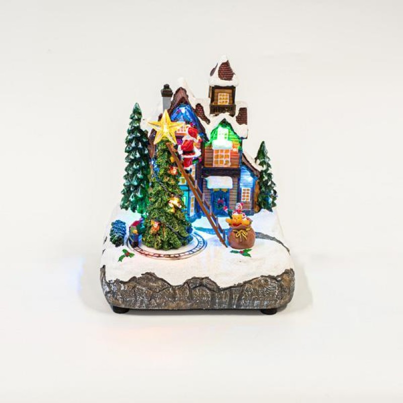 CHRISTMAS YARD WITH SANTA ON STAIR, WITH ADAPTOR, 13 LED, WITH MUSIC AND MOVEMENT, 19x16x22cm 600-45615