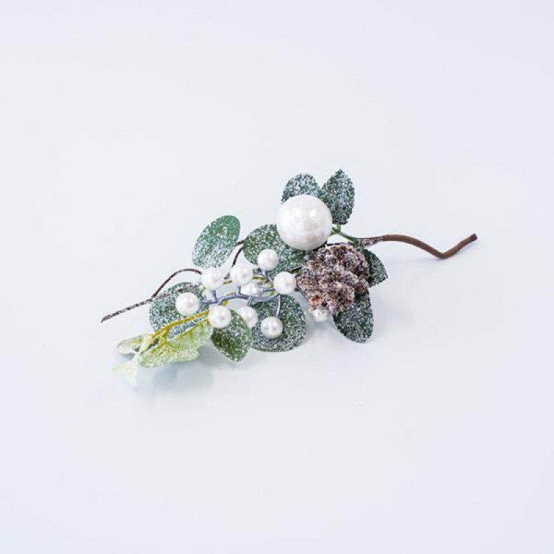 PICK WITH LEAVES WITH GLITTER PINE CONE AND WHITE DECORATIVES, 24cm 600-45681