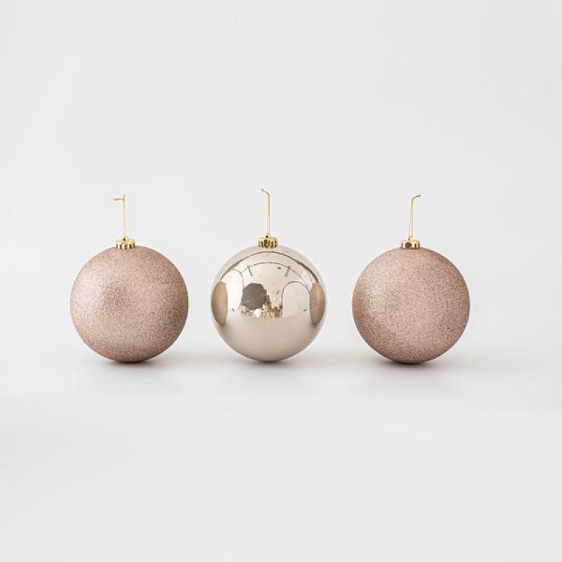 PLASTIC BALL, CHAMPAGNE-PINK, SHINY AND GLITTER, SET 3PCS, 15cm 600-45697