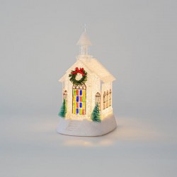 PLASTIC CHURCH, WHITE, LIGHTED, BATTERY OPERATED, 1 WARM WHITE LED, 11,5x13x21,5cm 600-45702