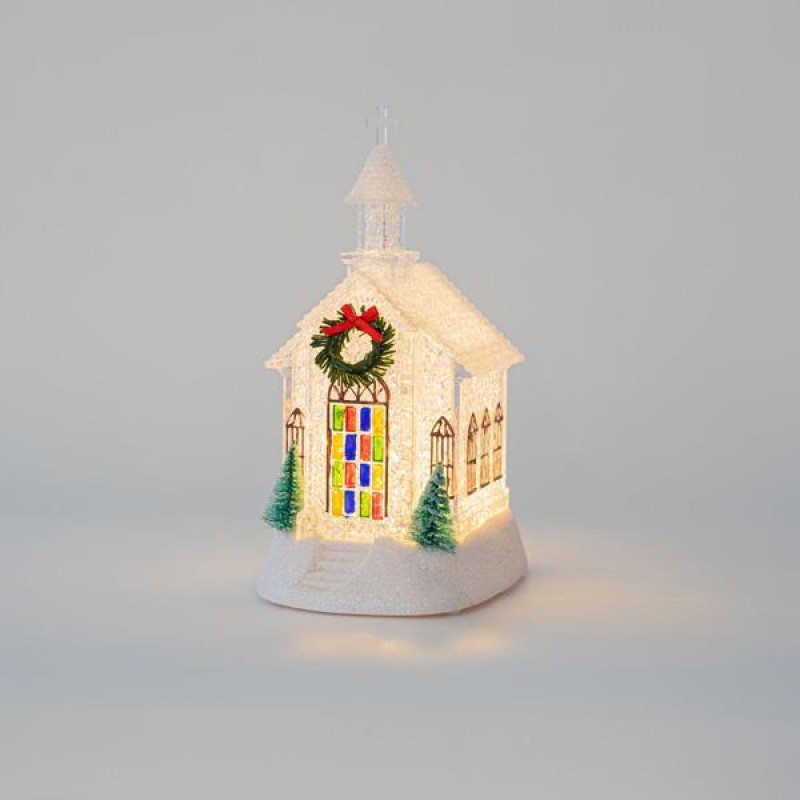 PLASTIC CHURCH, WHITE, LIGHTED, BATTERY OPERATED, 1 WARM WHITE LED, 11,5x13x21,5cm 600-45702