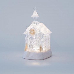 PLASTIC CHURCH, TRANSPARENT, LIGHTED, WITH WATER, BATTERY OPERATED, 1 WARM WHITE LED, 11,5x13x21,5cm 600-45703