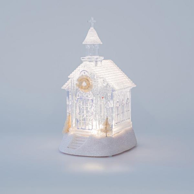 PLASTIC CHURCH, TRANSPARENT, LIGHTED, WITH WATER, BATTERY OPERATED, 1 WARM WHITE LED, 11,5x13x21,5cm 600-45703