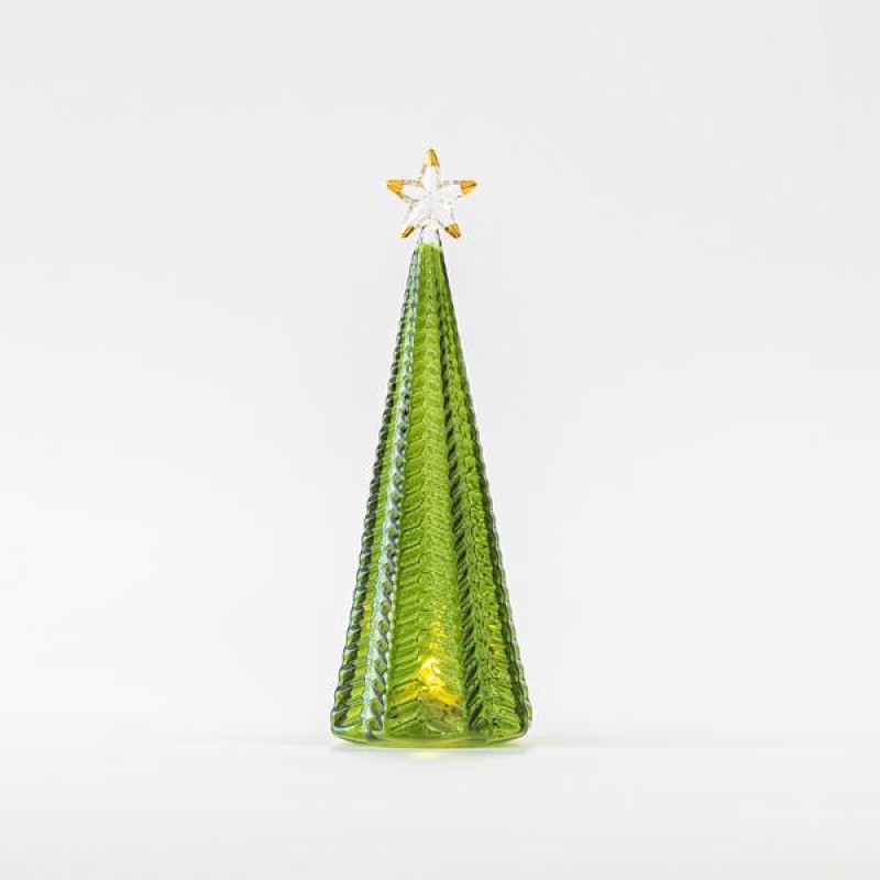 LIGHTED GLASS TREE, GREEN, WITH TOP TREE, BATTERY OPERATED, 8x28cm 600-45734