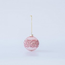 GLASS BALL, PINK MATTE, WITH BEADS AND GLITTER, SET 4PCS, 8cm 600-45739