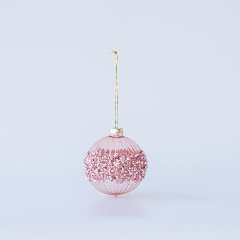 GLASS BALL, PINK MATTE, WITH BEADS AND GLITTER, SET 4PCS, 10cm 600-45740