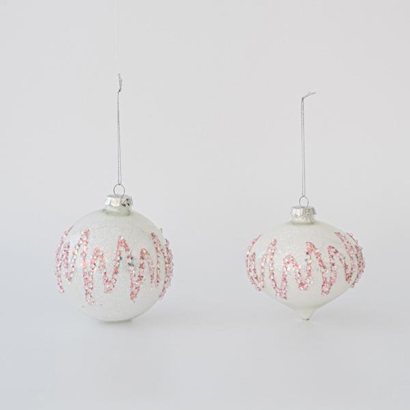 GLASS BALL, WHITE WITH GLITTER DESIGNS, 2 SHAPES, SET 4PCS, 10cm 600-45748