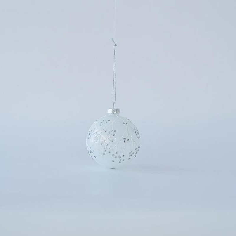 GLASS BALL, WHITE WITH WHITE DESIGNS, SET 4PCS, 8cm 600-45755