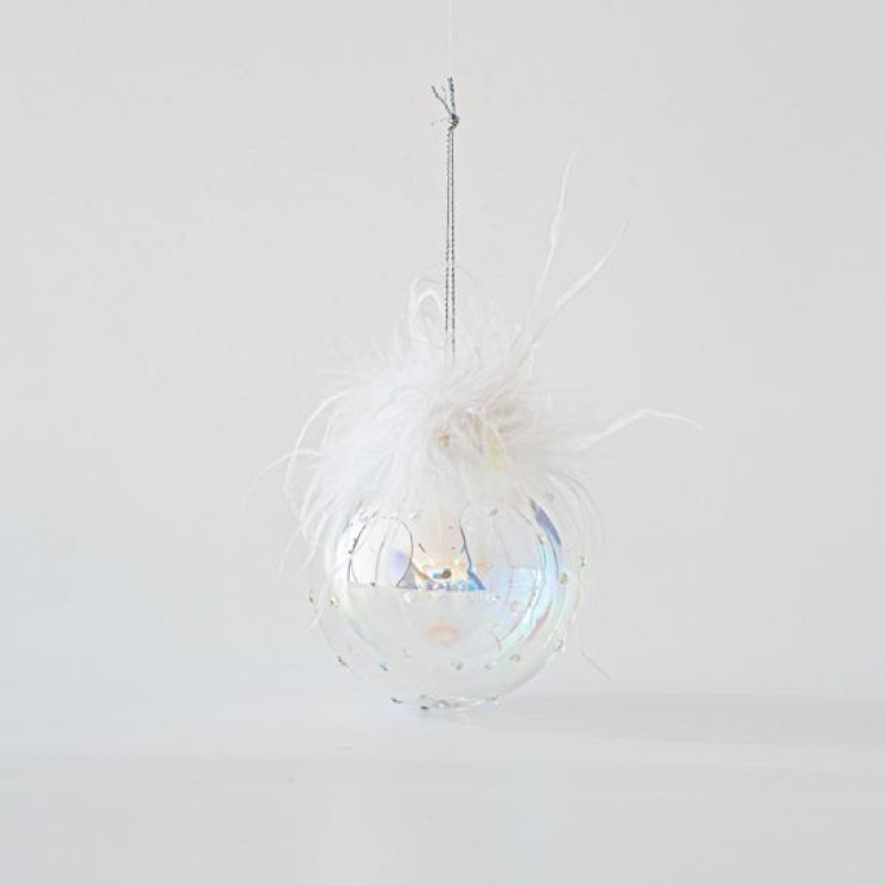 GLASS TRANSPARENT BALL, RELIEF WITH FEATHERS, SET 4PCS, 8cm 600-45773