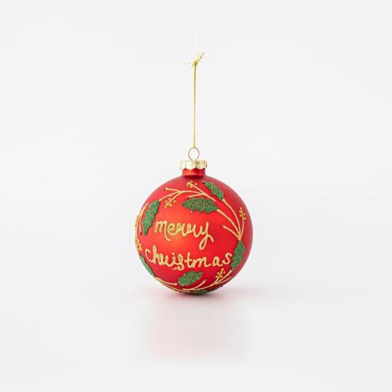 GLASS BALL, RED MATTE, MERRY CHRISTMAS, SET 4PCS, 10cm 600-45785