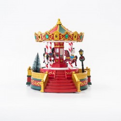 CAROUSEL, RED-GREEN-GOLD, WITH HORSES, 11 LED, WITH ADAPTOR, WITH MUSIC AND MOVEMENT, 22,3x20,5x23cm 600-45801