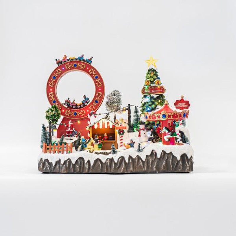 AMUSEMENT PARK, WITH CAROUSELL TRAIN-WHEEL AND TREE, WITH MUSIC AND MOVEMENT, 62 LED, WITH ADAPTOR, 47,5x32x35,5cm 600-45808