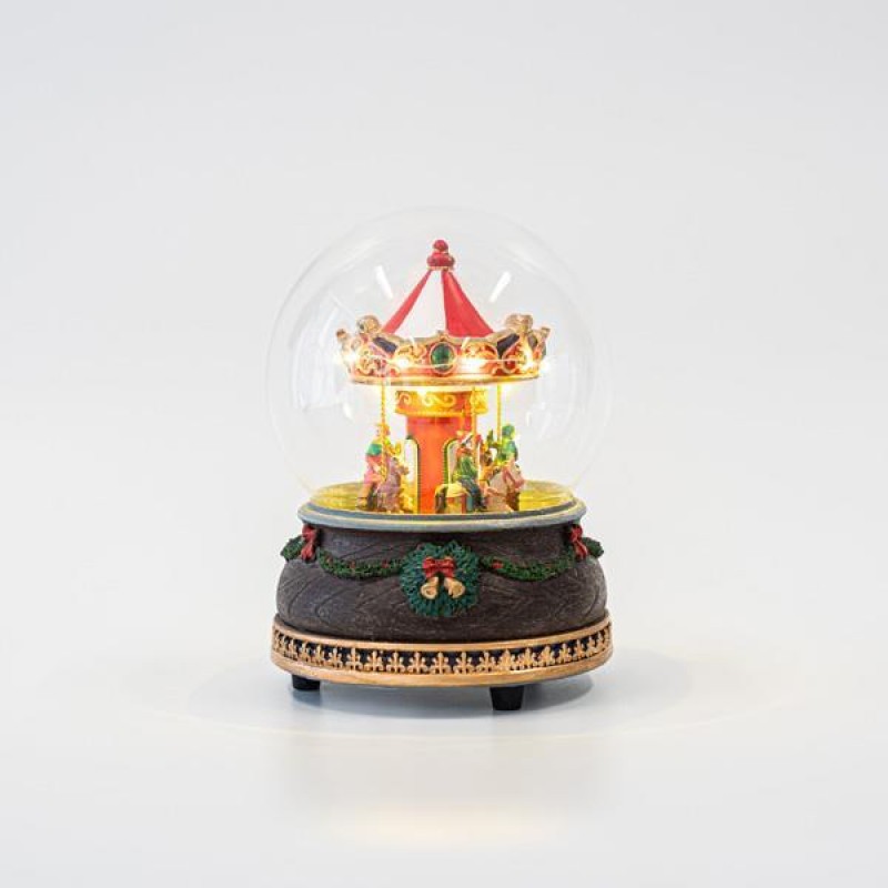 CAROUSEL IN GLASS DOME, BATTERY OPERATED, LED, WITH MUSIC AND MOVEMENT, 12x12x16cm 600-45813