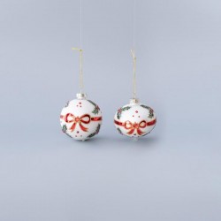 GLASS ORNAMENT, WHITE, WITH RED PAINTED RIBBON, IN 2 SHAPES, SET 4PCS 600-45846