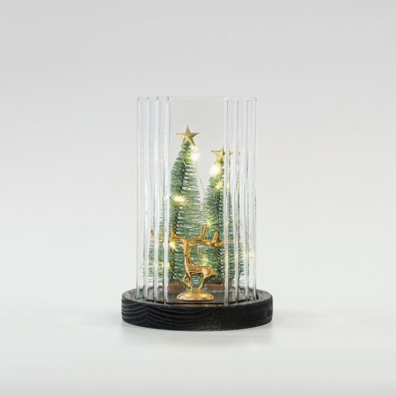 GLASS LIGHTED DECORATIVE, WITH DEER AND GREEN TREES INSIDE, 11,5x11,5x18,5cm 600-45851