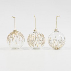 GLASS BALL, TRANSPARENT, RELIEF WITH BEADS AND GLITTER, 3 DESIGNS, 8cm 600-45852