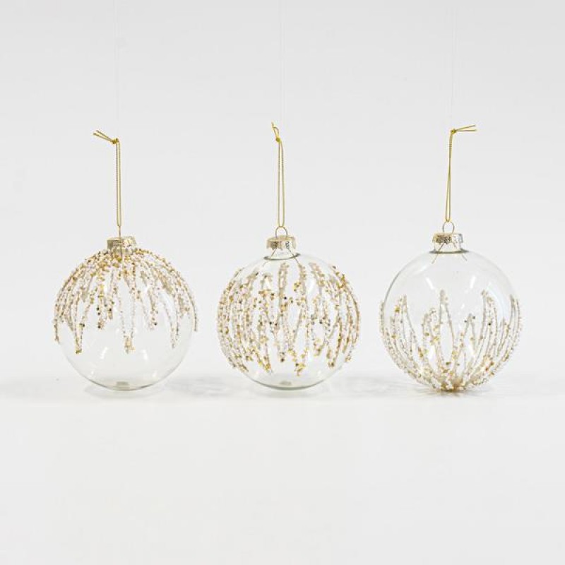 GLASS BALL, TRANSPARENT, RELIEF WITH BEADS AND GLITTER, 3 DESIGNS, 10cm 600-45853