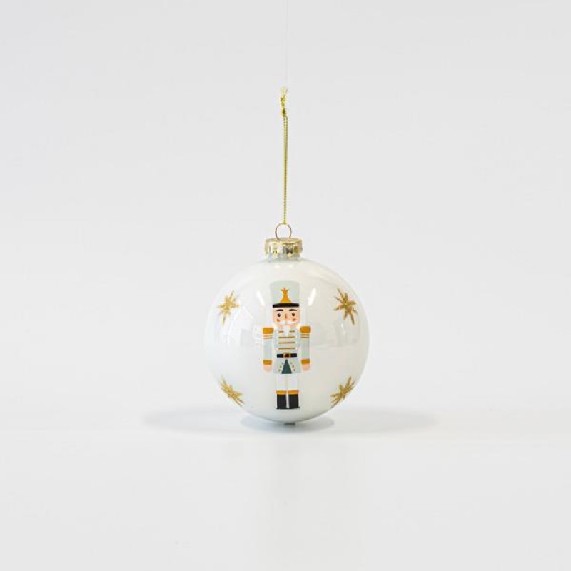 GLASS BALL, WHITE, WITH NUTCRACKER, SET 4PCS, 10cm 600-45854