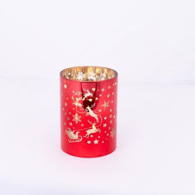 LIGHTED GLASS DECORATIVE, RED, WITH STARS, 9x12cm 600-46062