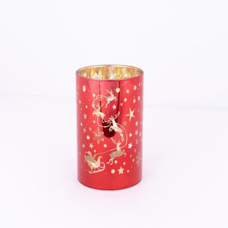 LIGHTED GLASS DECORATIVE, RED, WITH STARS, 9x16cm 600-46063