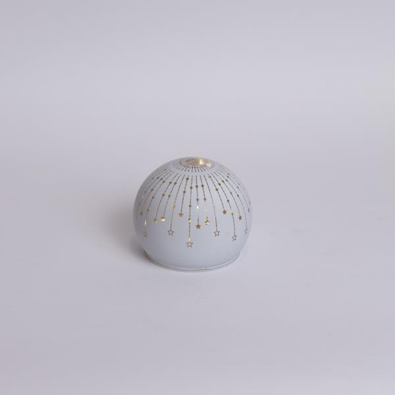 СВЕТЕЩА СТЪКЛЕНА ТОПКА С МАТОВО БЯЛО ПОКРИТИЕ И ЗВЕЗДИ, 10 СМ