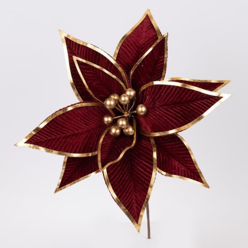 VELVET FLOWER, BURGUNDY, WITH GOLD DETAILS IN PETALS, 34cm 600-46167