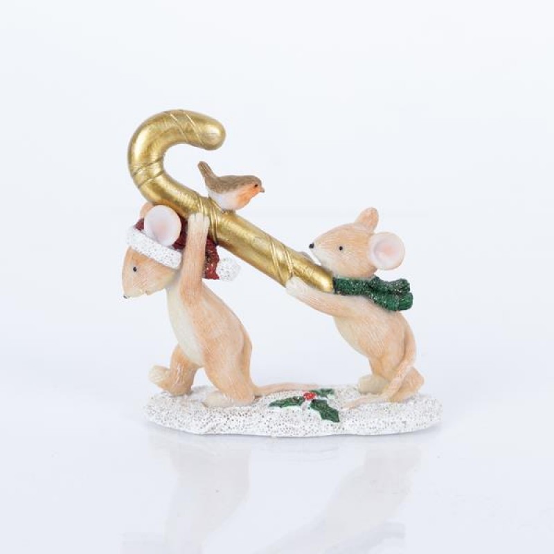 LITTLE MICE, POLYRESIN, WITH GOLD CANDY CANE, 4x10.5x11cm 600-46244