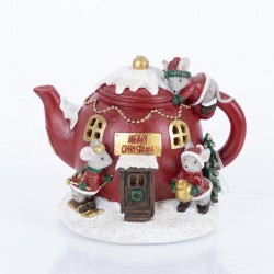 LIGHTED RED TEAPOT, POLYRESIN, WITH LITTLE MICE, 11x12x15cm 600-46245