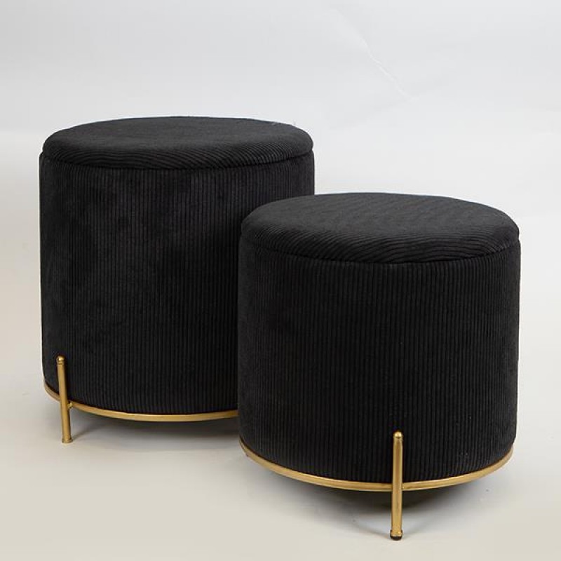STOOL,CORD VELVET, BLACK, GOLD METAL LEGS, SET 2PCS, 42x42x44 , 35x35x37cm 750-14024