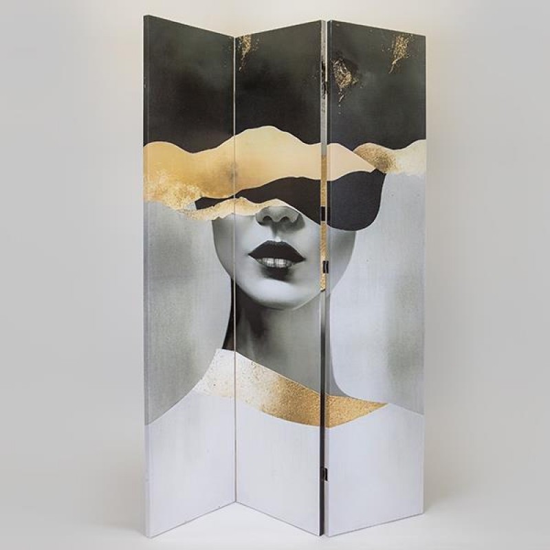 FOLDING SCREEN, WOMANS FACE, CANVAS PRINT,GREY-GOLD-BLACK, 120x2.5x180cm 750-34013