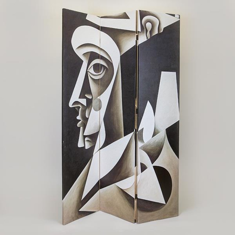 FOLDING SCREEN, FACE ABSTRACT ART, CANVAS PRINT, BEIGE-CREAMBLACK, 120x2.5x180cm 750-34021