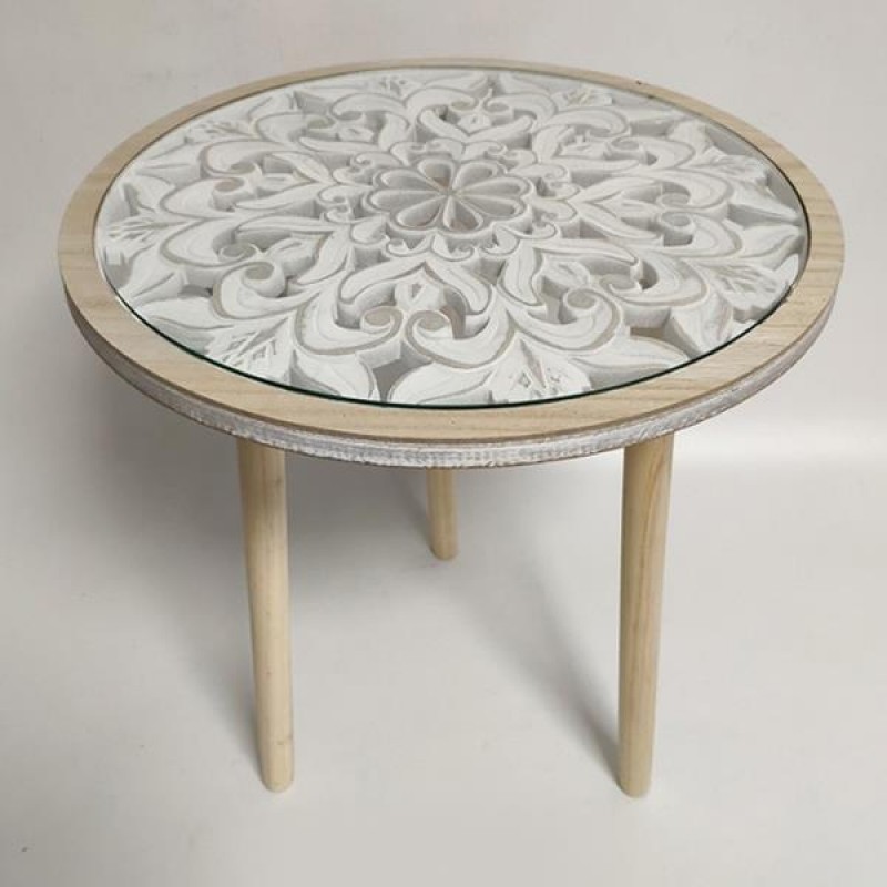 SIDE TABLE, WOODEN WITH  GLASS, WHITE-NATURAL, 49x49x46cm 750-40518